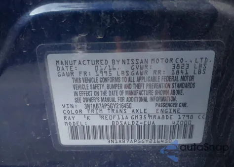 2016 Nissan Sentra Fe+ S/S/Sl/Sr/Sv z USA, uszkodzony, nr VIN 3N1AB7AP5GY216450